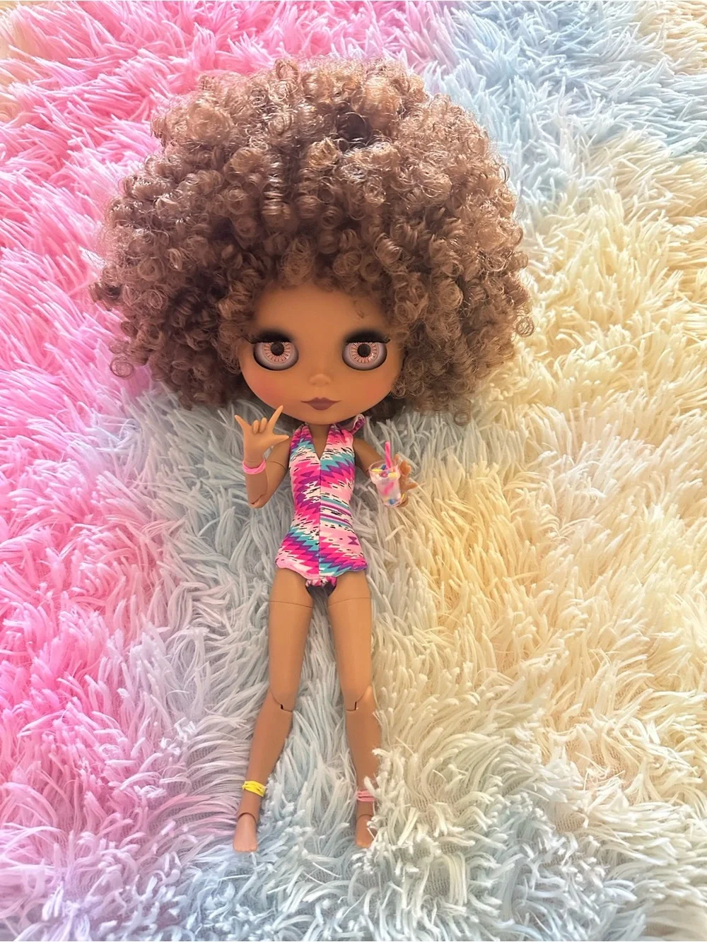 TBL Articulated Blythe Doll with Brown Curly Hair.